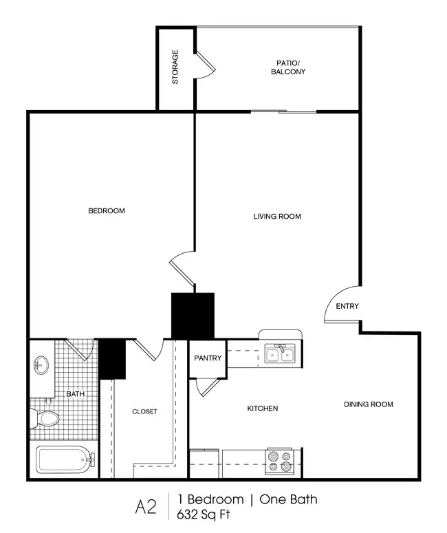1 Bedroom, 1 Bathroom 214 floor plan